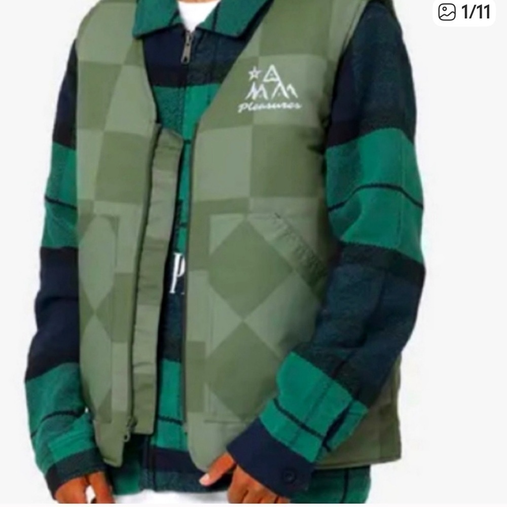 HUF Men’s NWOT Pleasures Midland Olive Green Checkered Streetwear Quilted Vest